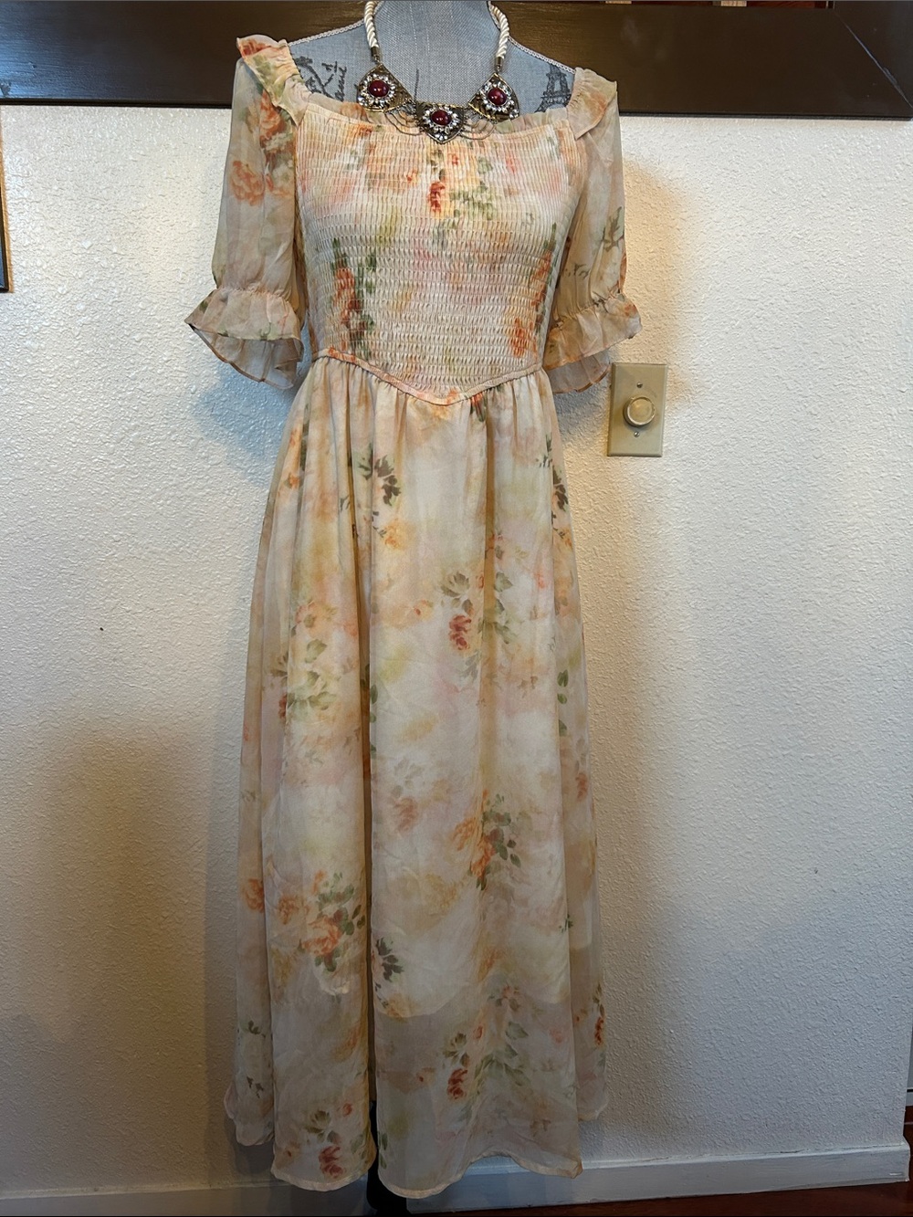 Smocked Floral Maxi Dress in Soft Peach - Unbranded